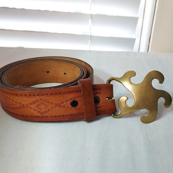 1970 Laurie Brass belt buckle with top grain leather 40" long belt - Picture 1 of 9